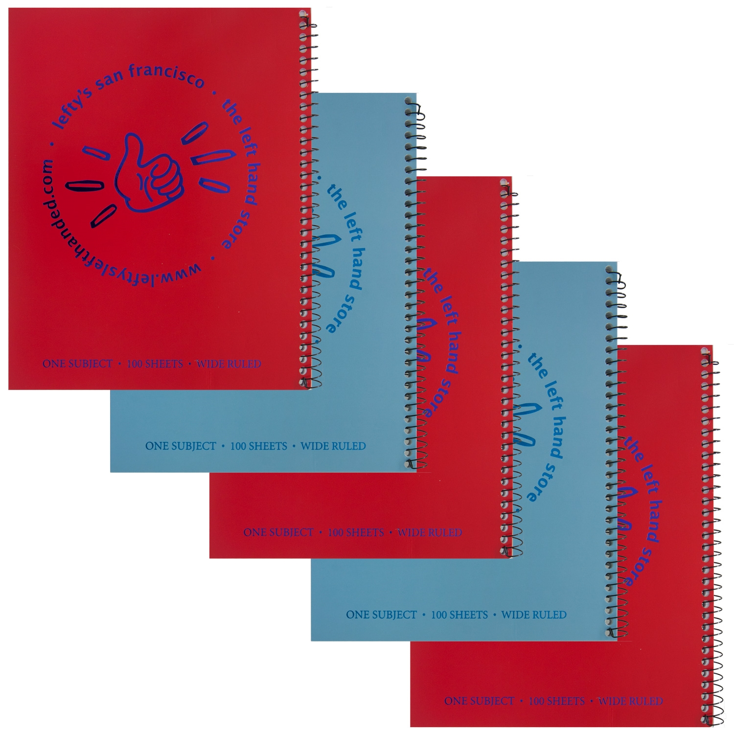 Left-Handed Spiral Wide Ruled Notebooks, 5, Red and Blue